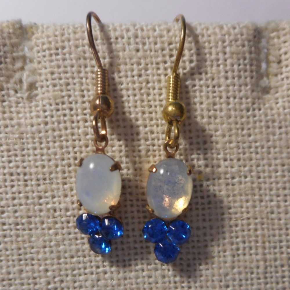 Vintage Gold-Tone Opalescent & Sapphire Blue Cluster Drop Pierced Earrings